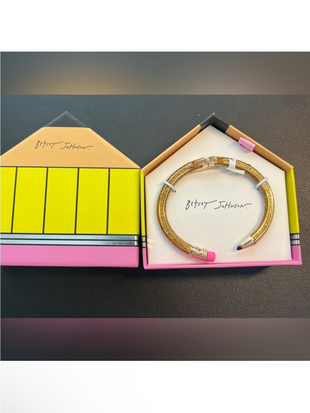 Betsey Johnson Gold Glitter Pencil Hinged Bracelet with Pink Eraser Tip